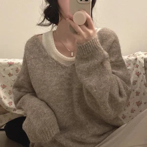 원오프숄더 브이넥 루즈핏 니트 나시세트 3color